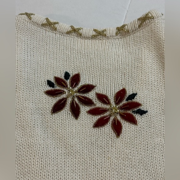 Vintage Ugly Christmas Sweater Vest Beaded Grandma Poinsettia Embroidered - Picture 10 of 15